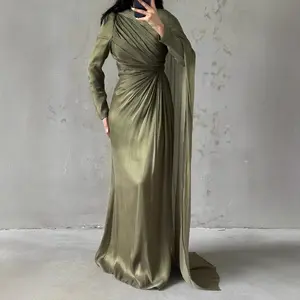 Luxury Women Folds Muslim Mermaid Dress Elegant Long Sleeve Celebrity Guest Long Robe Abaya Turkish Islamic Floor Length Dress