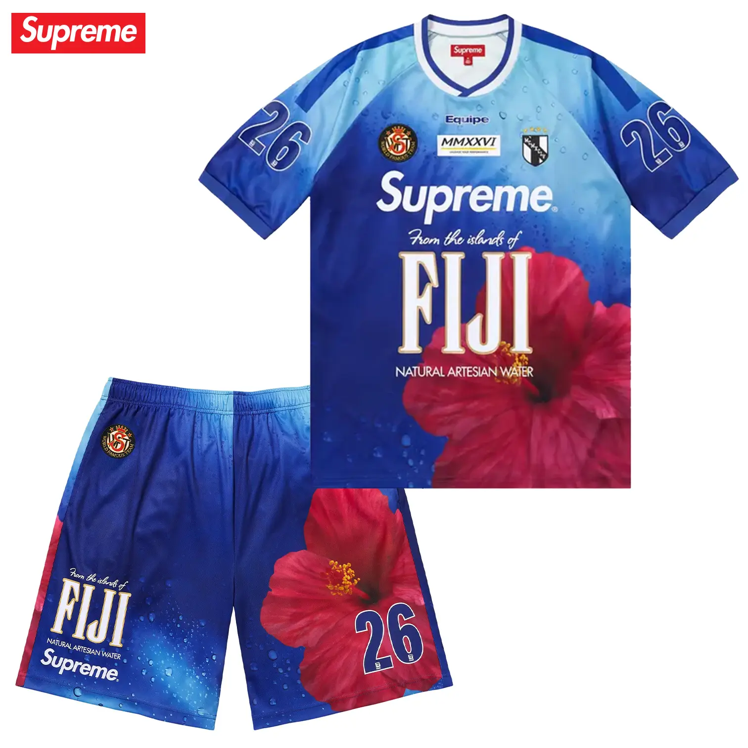 2-Piece Set Supreme x Fiji SS26 Soccer Jersey 'Multicolor' + Matching Shorts, All-Over Print Streetwear Sports Outfit, Summer Graphic Set