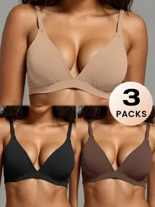 Women's Triangle Bralette Plunge Unlined Seamless Bra No Underwire Sexy Comfortable Everyday Women's Wireless V-Neck Bra Set, Comfortable Everyday Underwear, Medium Support, Plain Design, Fitted Style, All Seasons Wear