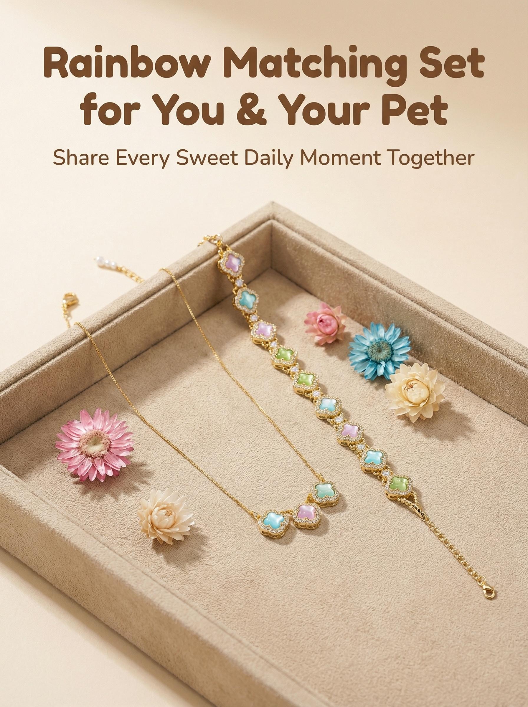 Rainbow& Fluffy Ball Crystal Bracelet Necklace for Human Pet Adjustable Wear