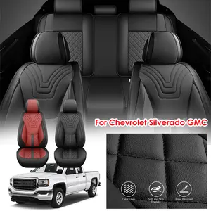For Chevrolet Silverado GMC Sierra Car 5 Seat Covers for 2007-2023 2024 2025 1500/2500 HD/3500 HD, Luxury Leather 3D Support Pickup Truck Seat Cover Protector, Full Surround Design with Storage Bag Auto Seat Accessories Full Set