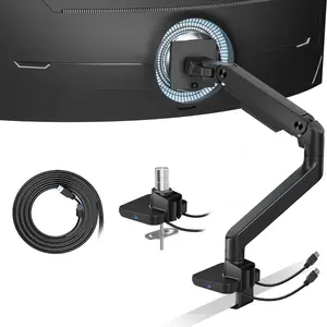 ARES WING Monitor Mount with USB A/C, Ultrawide Monitor Arm for 17 to 49 inch Heavy Duty Screen, Holds 44 lbs, Adjustable Gas Spring Arm Desk Mount with Clamp and Grommet Base