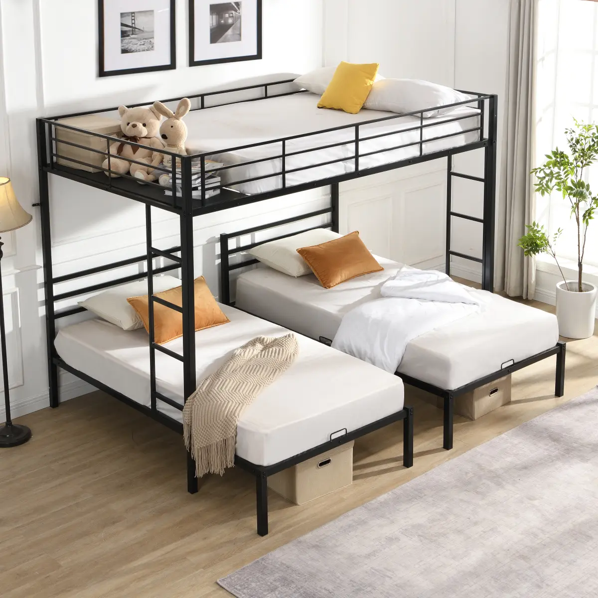 Full Over Twin Over Twin Bunk Bed,Triple Bunk Bed With a vertical ladder, Metal Frame Bunk Bed with Safety Rail, Full Over Twin Over Twin Triple Bunk