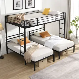 ARCH Full Over Twin Over Twin Bunk Bed ,Triple Bunk Bed With a vertical ladder, Metal Frame Bunk Bed with Safety Rail, Full Over Twin Over Twin Triple Bunk