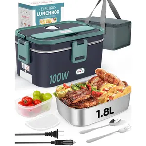 Electric Lunch Box  Heater Warmer 100W, 1.8L Portable Heated Lunch Box for   Work with Stainless Steel Container Fork & Spoon 12/24/110V Lonchera Electrica Portatil para Trabajo