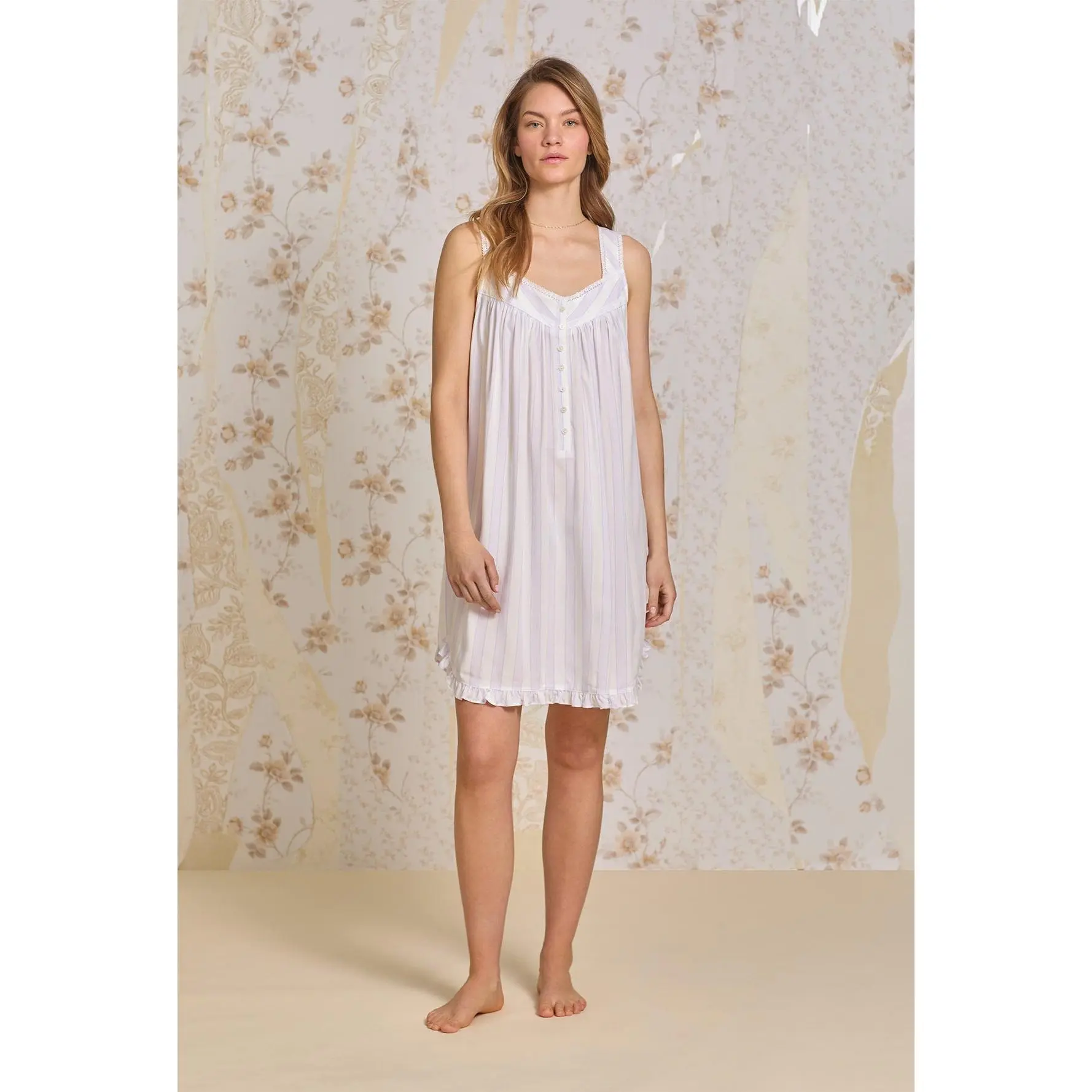Women's Chemise Nightgown in Soft EcoVero Rayon, Sleeveless Nightwear with Elegant Lace Trim, Pintucks and Ruffle Hem, Feminine, Elegance