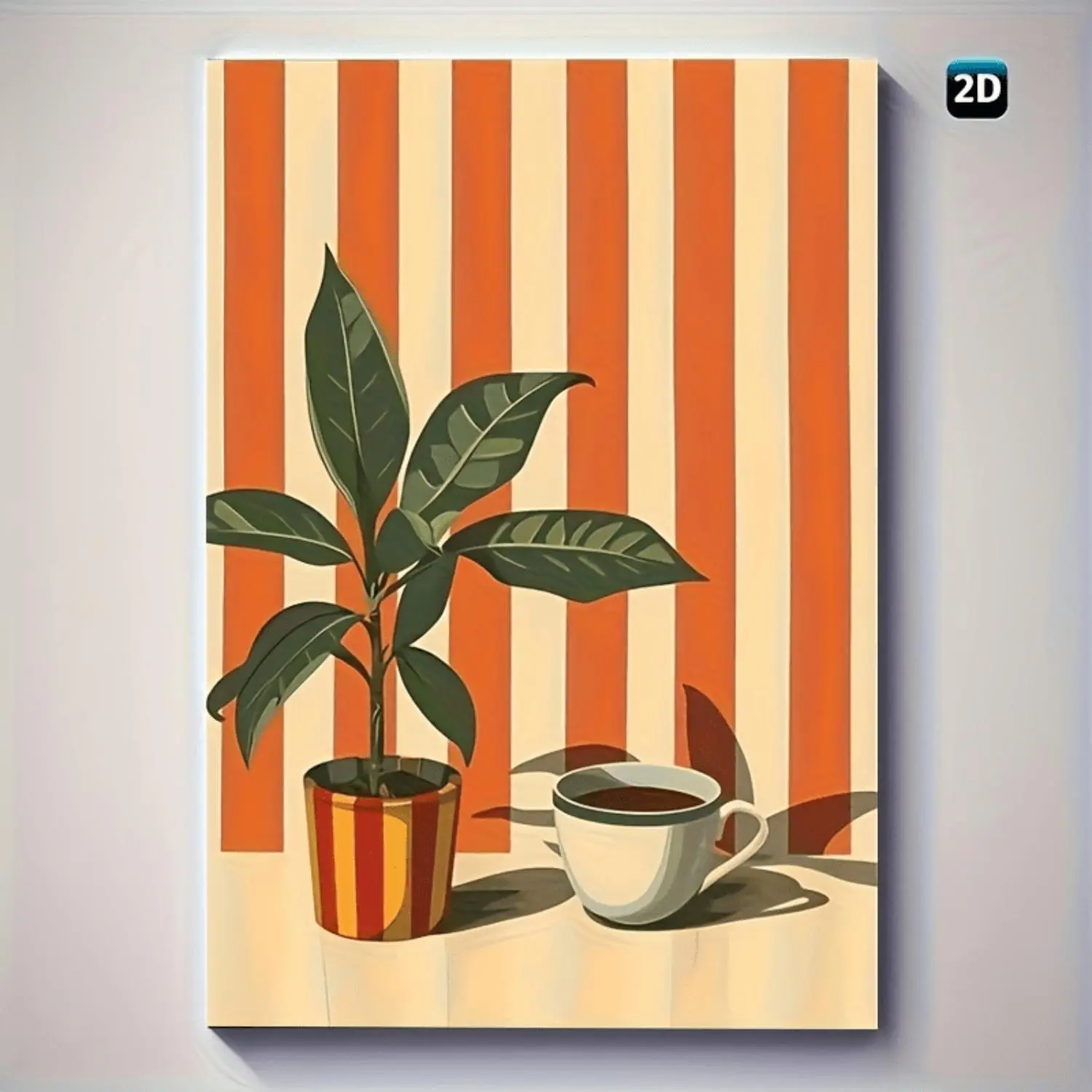1pc Vintage Coffee & Plants Canvas Poster - Vertical Wall Art with Wood Frame, Retro Coffee Cup, Cup & Leaves - Orange & White Striped Background - Home Office Decor for Living Room, Bedroom - Housewarming Gift Idea - Canvas Print in Recycled Wood Frame