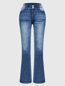 Bell Bottom Jeans for Women Stretch Mid Rise BootcutDenim Pants Lightweight Casual Vintage Wash DoubleButton Jeans with Pockets Womenswear Basic Blue FittedMinimalist Autumn Style Women's Casual Denim Trousers