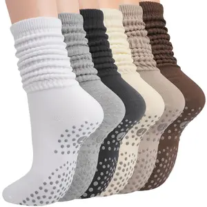 Grip Pilates Socks for Women, Yoga Slouch Socks with Grip for Barre Workout Hospital Long Scrunch Slipper Socks