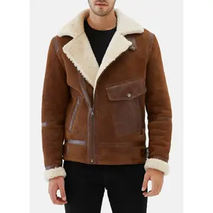 Mens Aviator Brown and White Shearling Leather Jacket