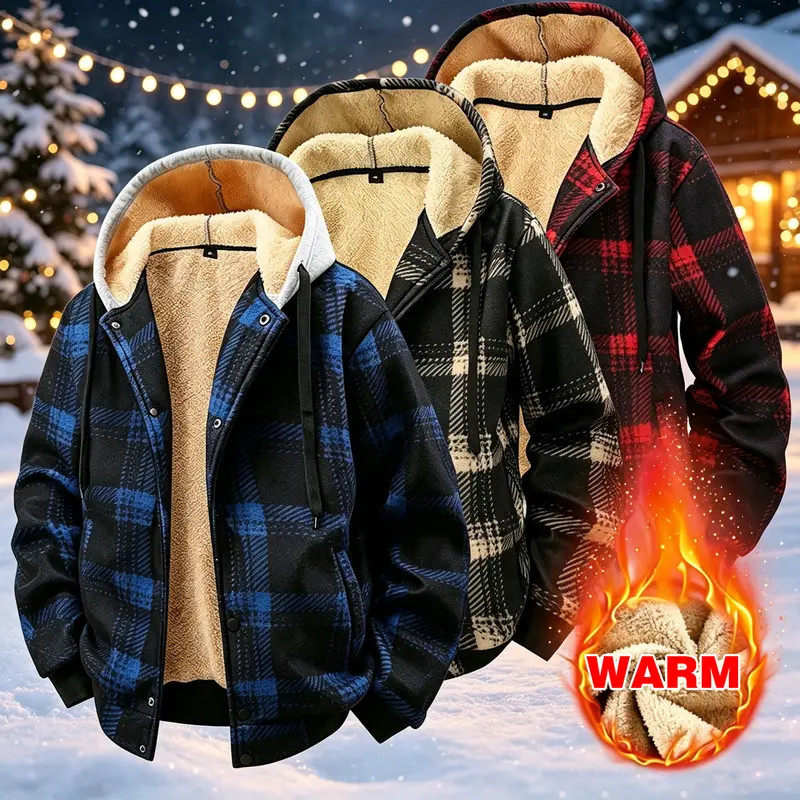Hooded and flannel thick plaid sports and leisure outdoor men's warm jacket