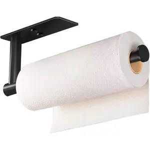 Self Adhesive Paper Towel Holder Under Cabinet Mount, Wall Mount Paper Towel Roll Rack for Kitchen Cabinet, Bathroom, SUS304 Stainless Steel Black