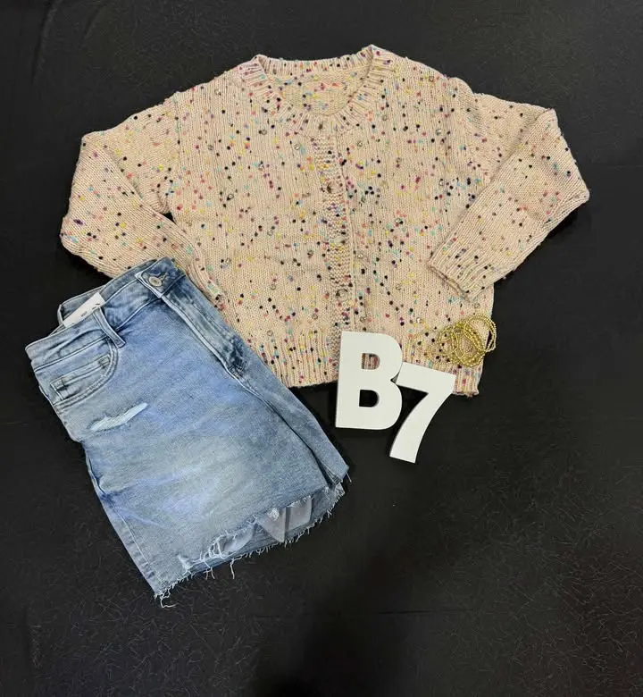 Apricot Rhinestone Decor Multicolor Confetti Sweater Cardigan
