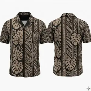 Polynesian Monstera Hawaiian Shirt, Tribal Leaf Button Up, Tropical Island Aloha Shirt, Beige Black Summer Shirt for Men