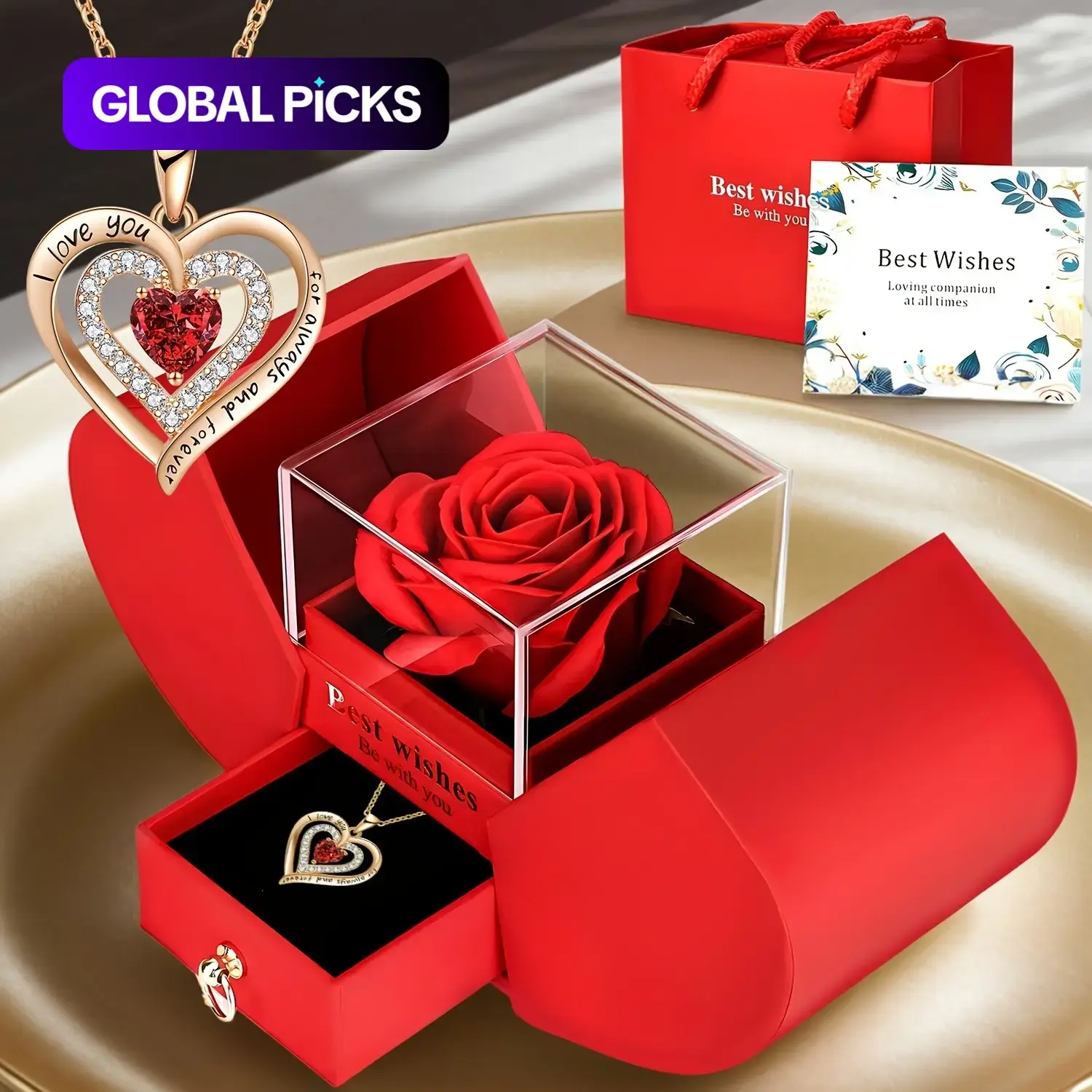 Romantic Rose Gift Box Set with 'I Love You' Heart-Shaped Necklace, Exquisite Jewelry Gift for Mom, Wife or Girlfriend, Birthday & Anniversary Present #GLOBAL PICKS