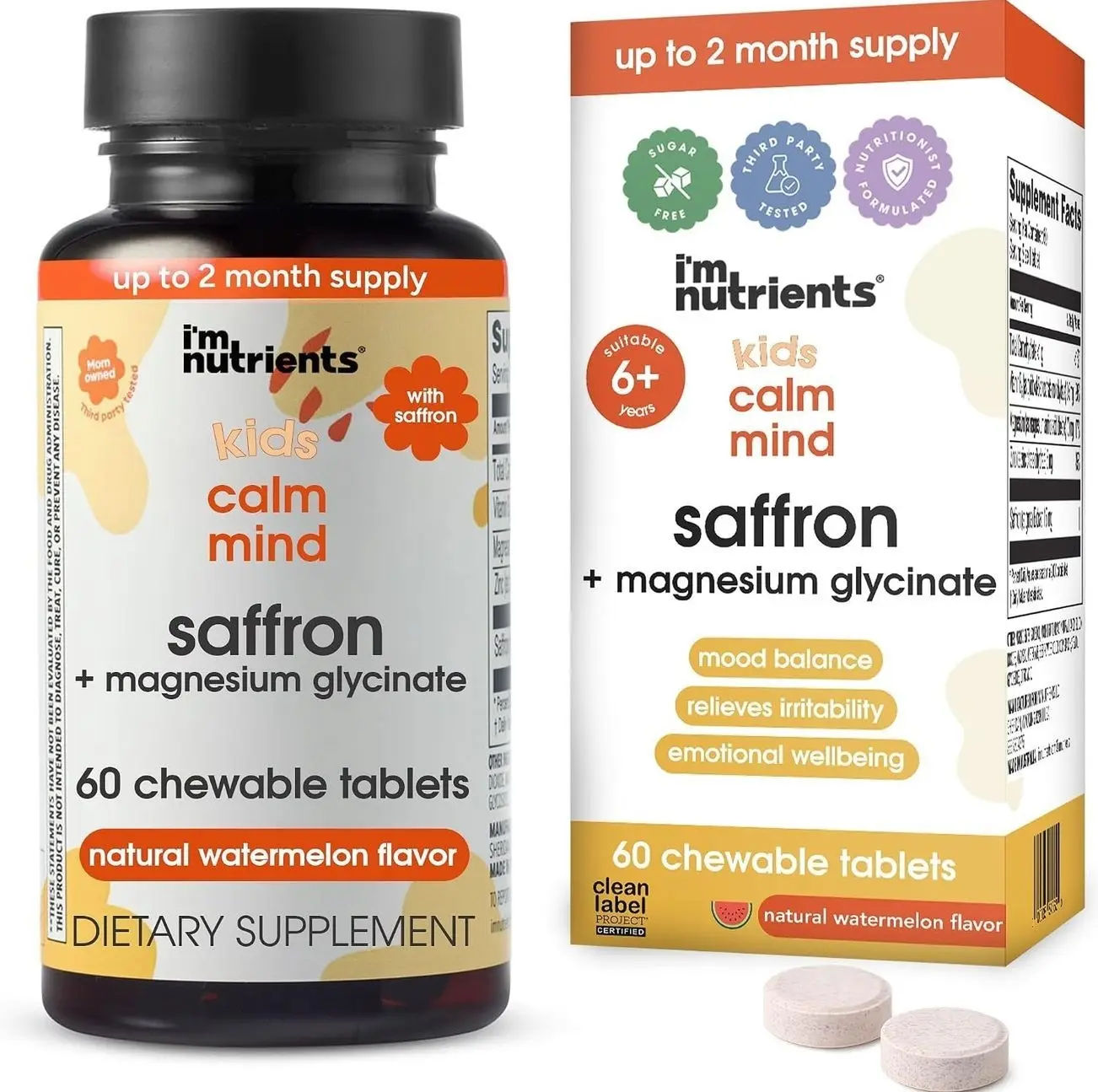 I’m Nutrients Calm Mind | Saffron Supplements for Kids | Nervous System Support | Kids Magnesium | Vitamin B6 | Zinc | Naturally Flavored | No Artificial Ingredients | 60 Chewable Tablets