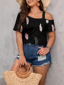 [Plus Size] Feather Print Asymmetrical Neck Short Fitted Tee, Casual Fashion T-shirt for Summer, Women's Plus Clothing for Daily Wear Lady Top, Casual Everyday Tops
