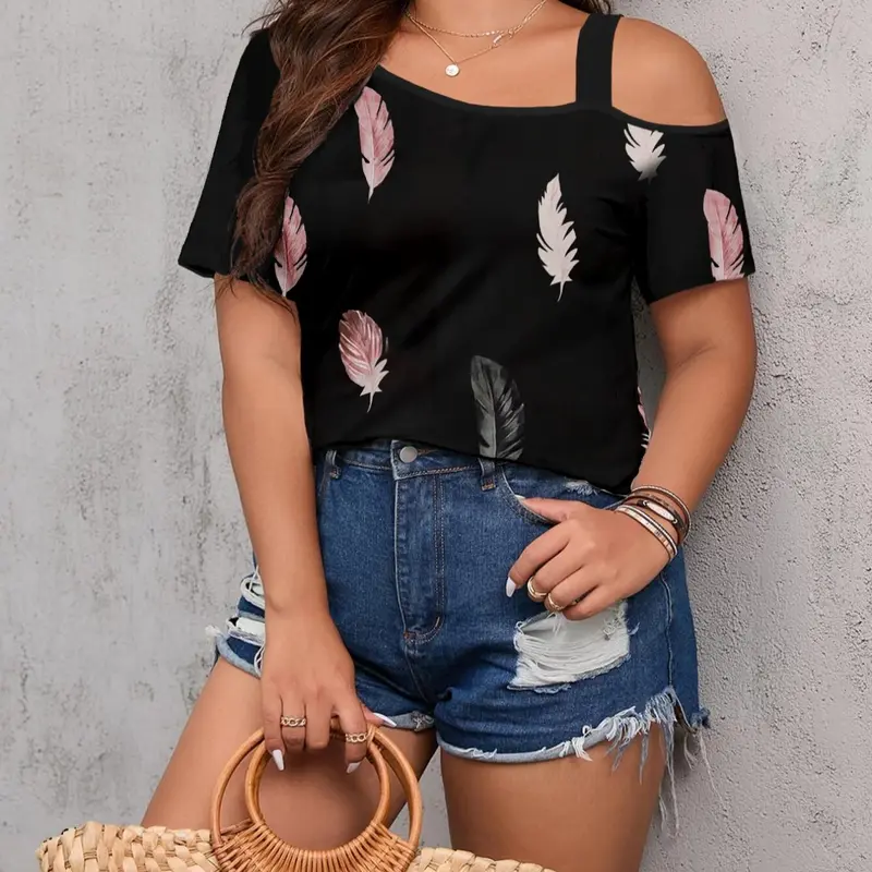 [Plus Size] Feather Print Asymmetrical Neck Short Fitted Tee, Casual Fashion T-shirt for Summer, Women's Plus Clothing for Daily Wear Lady Top, Casual Everyday Tops