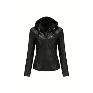 Motorcycle Jacket with Removable Hood - Faux Leather Biker Jacket for Women