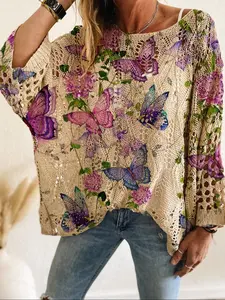 Women's Butterfly Print Sweater without Inner Top Long Sleeve Cover Up Sweater for Daily Holiday Vacation Wear, Women Knitwear for Spring & Fall, Lightweight Knitwear, Womenswear