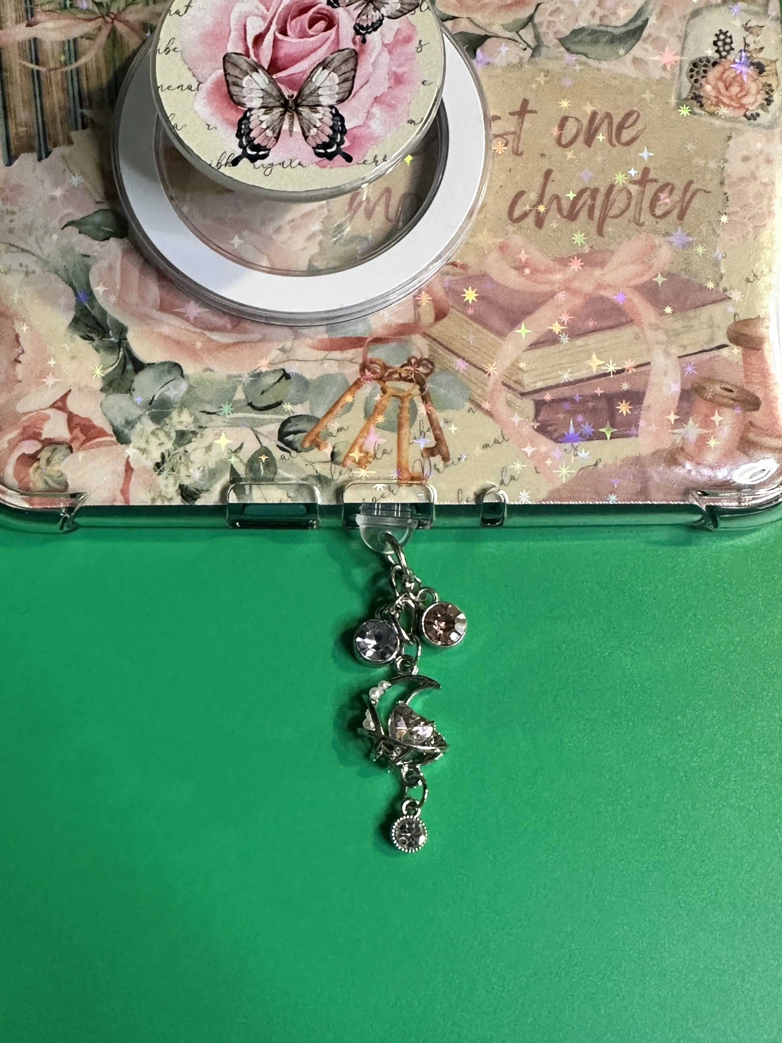 Kindle/Ipad USB-C charm with crescent moon, pink & light purple gemstones.  Fantasy Themed