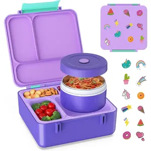 Bento Box for , Lunch Box with Sticker and Leak-Proof Vacuum  Jar, 4 Compartment   Bento Box for School, Machine-Washable and Removable Compartments for Boy()