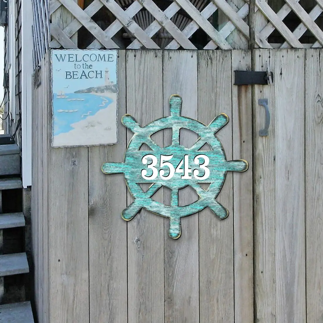 Designocracy MA98536-12 12 in. Wooden Captain Wheel Coastal Decorative Wall House Number Sign, Home Supplies Beachy Home Art Gift