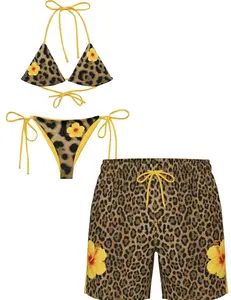 Couple Camouflage Swimsuit Set Triangle Bikini for Women and Camo Board Shorts for Men Beach Vacation Outfit