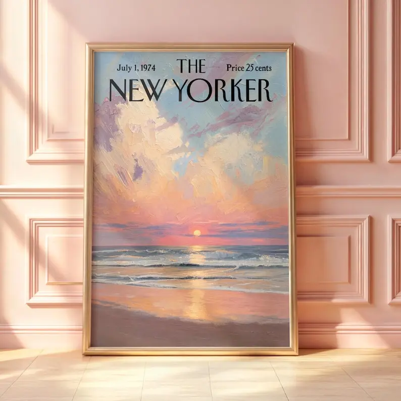 Vintage New Yorker Poster, Retro Pink Ocean Sunset Beach Print, Coastal Seascape Wall Art, Mid-Century Magazine Cover, Pastel Home Decor