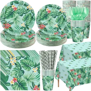452 count Hawaiian Luau Party Decoration for 50, Tropical Hawaiian Paper Plates Napkins Cups Tablecloth Cutlery Straws Aloha Palm Leaf Flower Tableware for Summer Beach Birthday Party