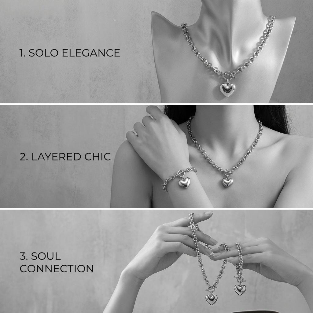 Women's Stainless Steel Heart-Shaped Delicate Pendant Necklace, Necklace and Bracelet Set, Clasp Closure, 8-inch Bracelet, 18-inch Necklace, Fade-Resistant and Durable, Comes with a Gift Box