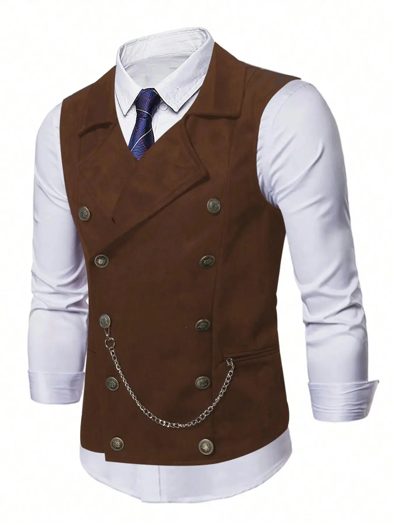 Men's Solid Color Double Breasted Collared Tailored Suit Vest with Chains, Regular Fit Formal Casual Retro Style Sleeveless Button Front Vest for Wedding Party, Fashion Men's Clothes for All Seasons, Business Formal Wear, Formal Attire, Menswear