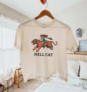 Hell Cat Cowgirl Boxy Tee, Vintage Western Cat Graphic Shirt, Retro Aesthetic Top
