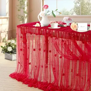 Red  Tulle Tablecloth 10ft Red Flower  Table Runner Sheer Gauze Fabric Wedding Lace Kitchen Linen for Arch Bridal Shower Veil Valentines Sweetheart Table Decorations