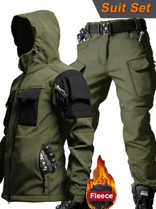 Men's Multi-Pocket Design Winter Sporty Outdoor Set, Athletic Tracksuit Set, Relaxed Fit Softshell Jacket & Pants, Windproof Waterproof & Warm, Thick Woven Fabric, Athletic Activewear