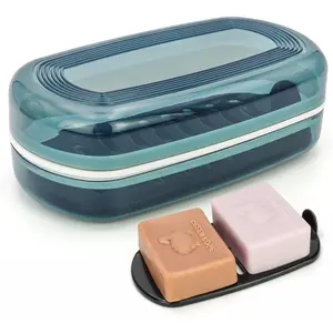 Shampoo & Conditioner Bar Holder, Large Plastic Travel Soap Case, Portable Bar Soap Dish with Lid, Clear Soap Bar Box (Max, Blue)