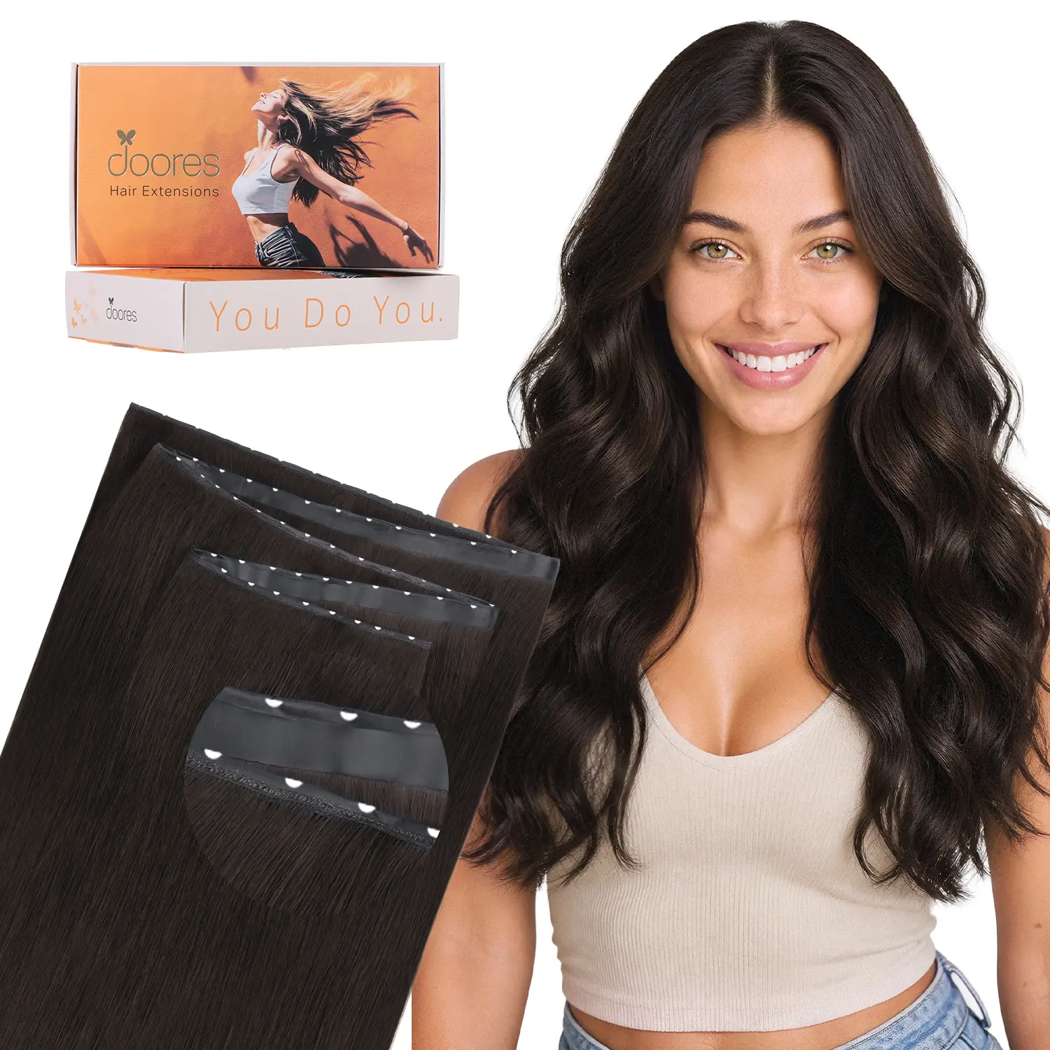 DOORES Butterfly Weft Hair Extensions Human Hair,14-24''Double Layered Weft PU Extensions with Micro Beads Invisible