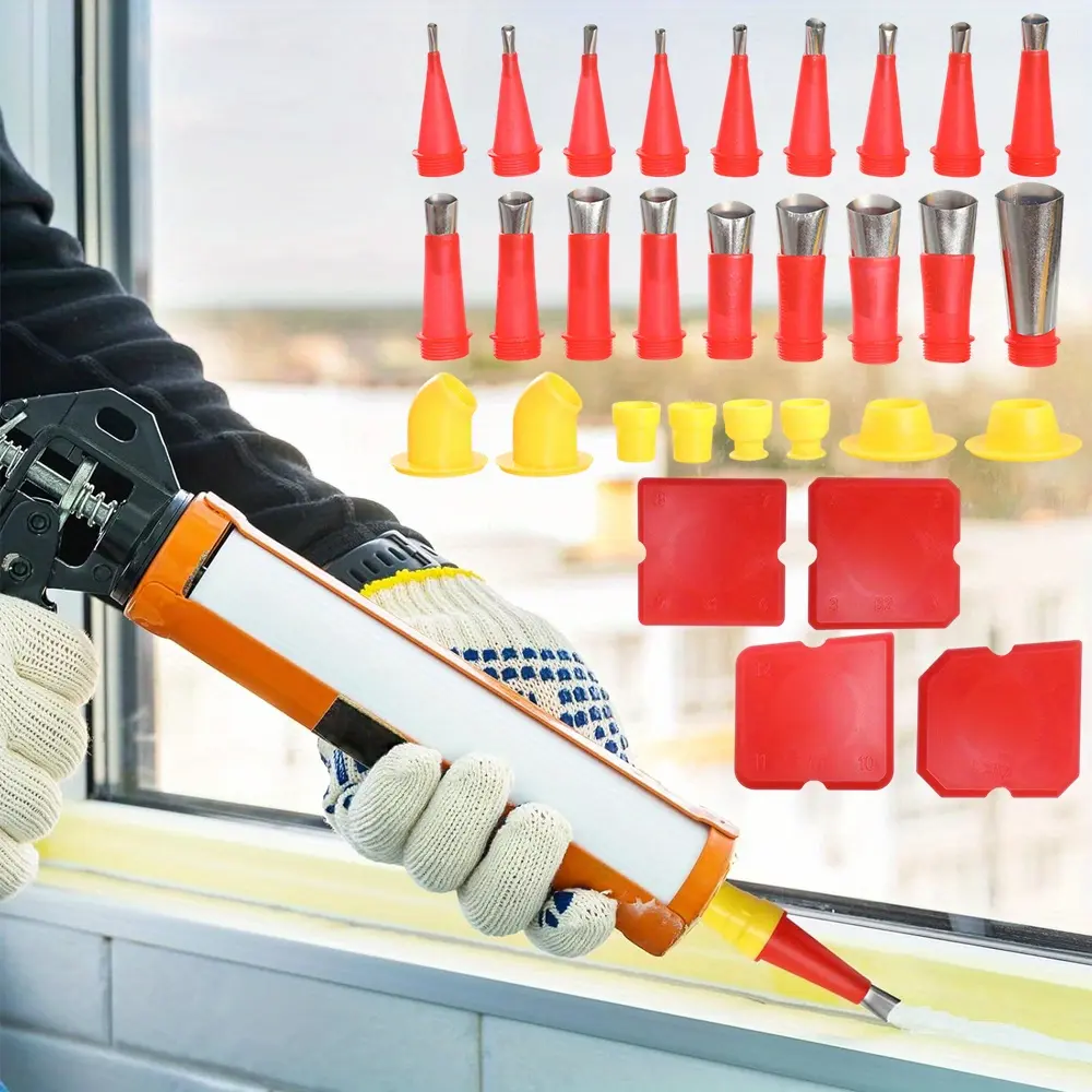 30pcs Caulking Finisher Kit, 16pcs Caulking Nozzle Coating Tips Applicators Reusable Tool Kit with 8pcs Connector, 4pcs Scraper, for Bathroom Doors Windows
