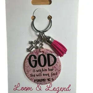 Loom & Legend God is Within Her Pink Glitter Keychain with Pink Tassel and Cross Charm Psalms 46:5