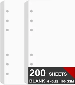 (2 Packs) A6 Binder Paper for Filofax Personal Planner, A6 Refill Paper, White 100gsm Blank Pages, 6 Hole Punched, Total 200 Sheets/400 Pages, 3.75 x 6.75 Inch