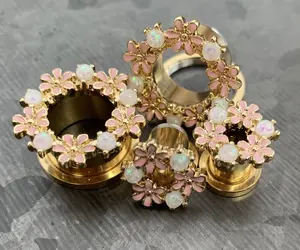PAIR of Stunning Opal Glitter & Enamel Flowers Gold Screw Fit Tunnels/Plugs - Gauges 2g (6mm) thru 5/8" (16mm)