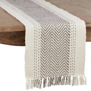 212 MAIN Casual Cotton Oblong Shape Kantha Stitch Table Runner, 16x108 in, Gray, Easy Cleaning, Saro 1229.GY16108B