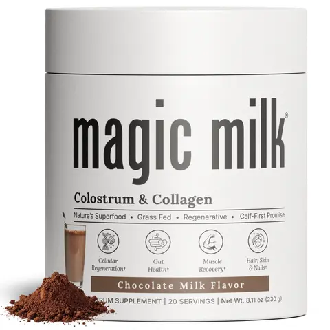 Magic Milk Colostrum & Collagen Powder | Chocolate Milk Drink Mix | Grass-Fed New Zealand Colostrum | Gut, Skin & Hair Support* | 45 Calories, 3g Sugar | 20 Servings