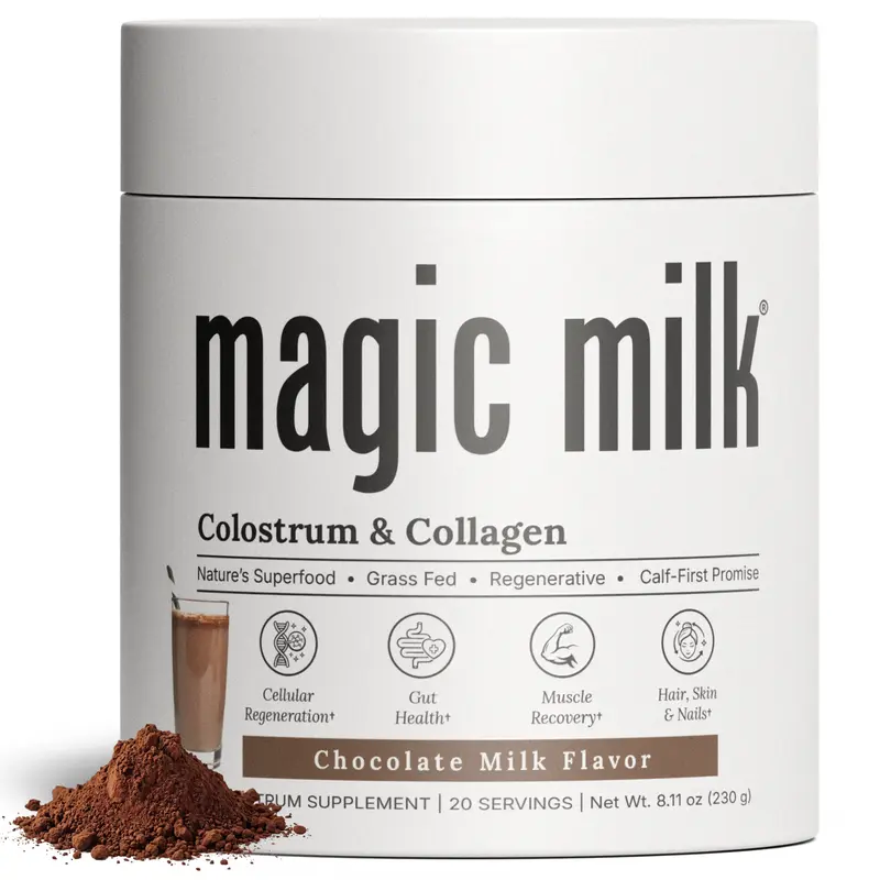 Magic Milk Colostrum & Collagen Powder | Chocolate Milk Drink Mix | Grass-Fed New Zealand Colostrum | Gut, Skin & Hair Support* | 45 Calories, 3g Sugar | 20 Servings