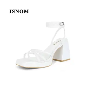 ISNOM Platform Block Heels Women Comfortable Strappy Heels Short Block Chunky Sandals Ankle Strap Simple Summer Heeled Sandals Square Toe