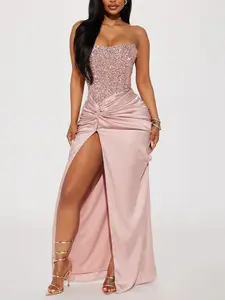 Clara Sequin Satin Gown - Pink Strapless with Sequin-Embellished Bodice & Silky Satin Skirt Floor-Length Prom Dress
