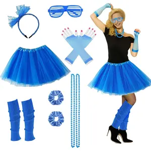 80s Outfit For Women Party 80's Accessories 7pc 70s 90s 1980s Costumes with Blue Tutu Neon Leg Warmers