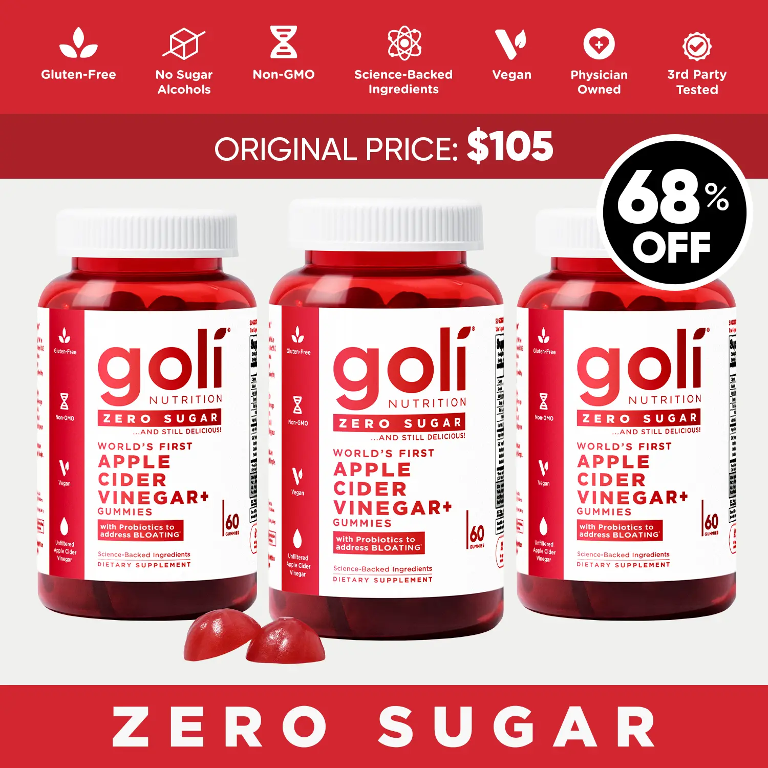 3 Bottles of Goli Zero Sugar World's First Apple Cider Vinegar Gummies - Vitamin B12, Probiotics to Address Bloating. Vegan, Plant Based, Non-GMO, Gluten-Free & Gelatin-Free 3 Bottles of Goli Zero Sugar World's First Apple Cider Vinegar Gummies - Vitamin B12, Probiotics to Address Bloating. Vegan, Plant Based, Non-GMO, Gluten-Free & Gelatin-Free