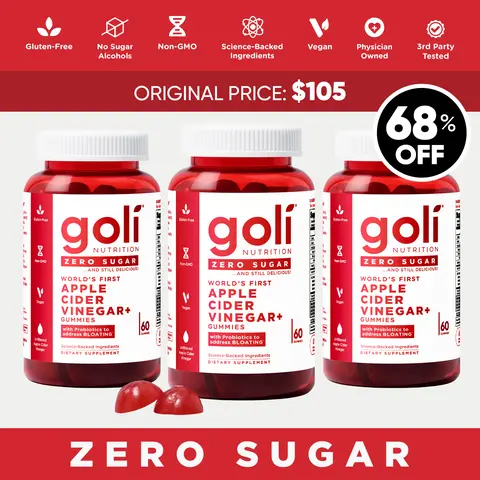 3 Bottles of Goli Zero Sugar World's First Apple Cider Vinegar Gummies - Vitamin B12, Probiotics to Address Bloating. Vegan, Plant Based, Non-GMO, Gluten-Free & Gelatin-Free