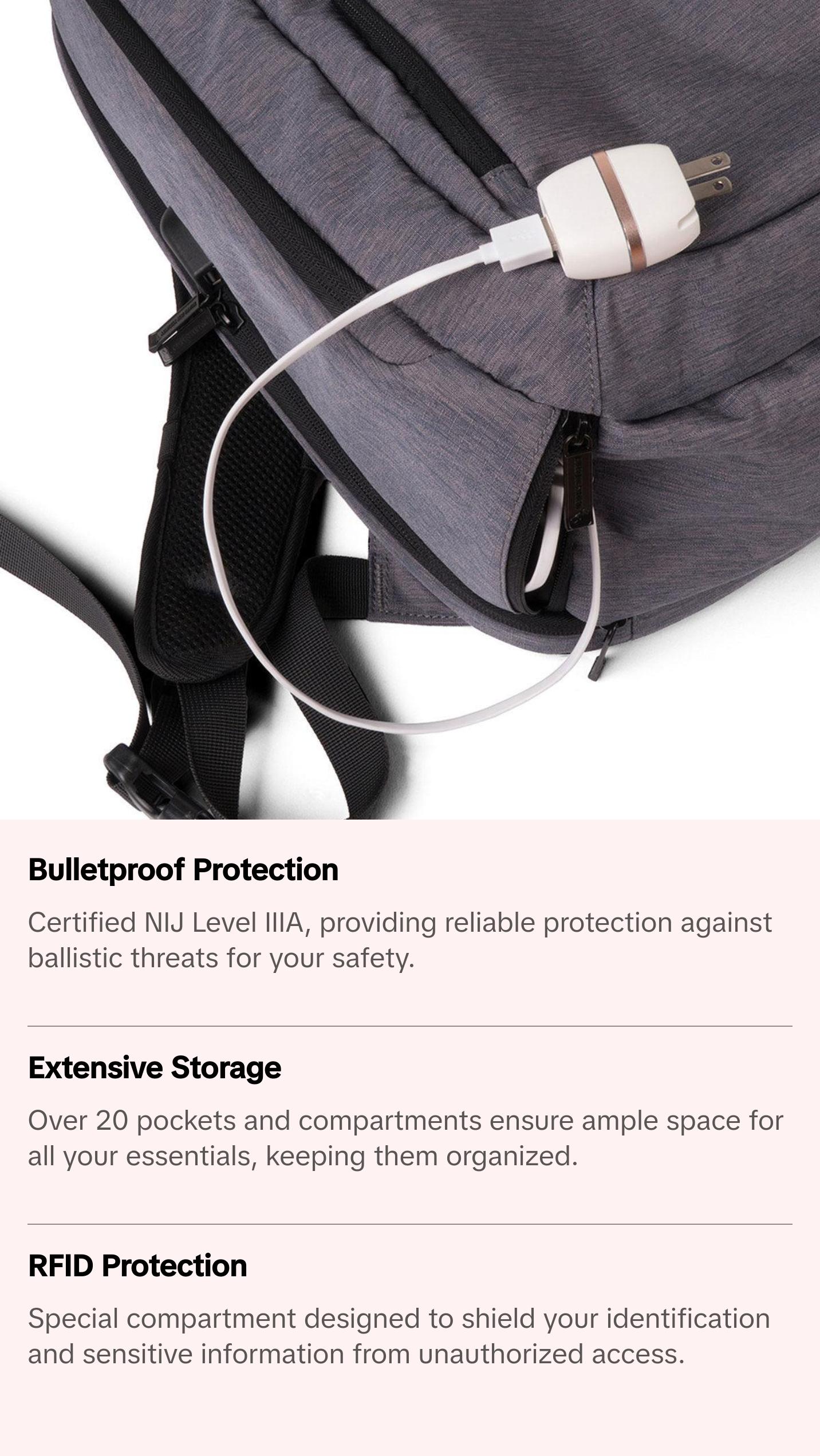 ProShield Smart Bulletproof Backpack - Grey, NIJ Level IIIA Certified, Built-in Charging Bank, RFID Protection, 20 Pockets, TSA-Approved, Ergonomic Design